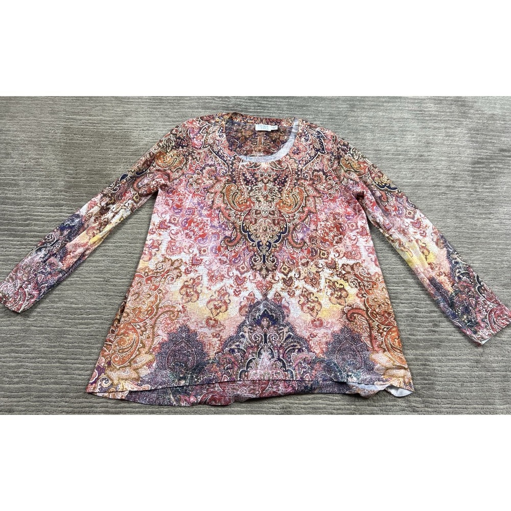 Time and Tru Top Womens Large Paisley Boho Embellished Long Sleeve Polyester